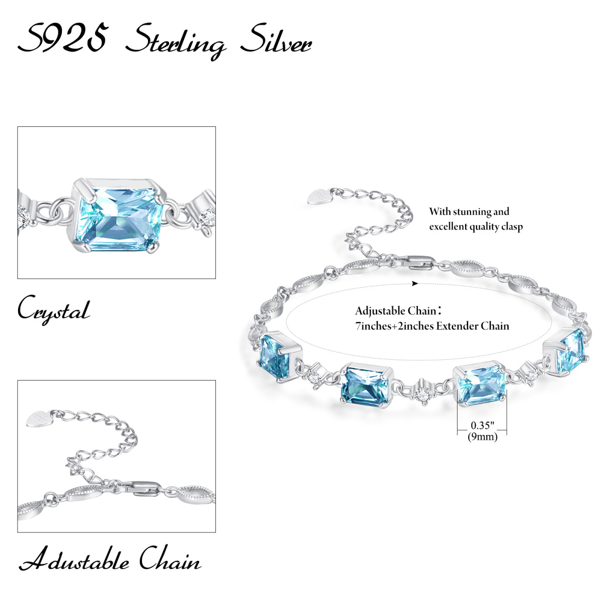 Sterling Zilveren Prinses-vierkant Vorm Kristal Gepersonaliseerde Geboortesteen Kraal Station Ketting Armband-5
