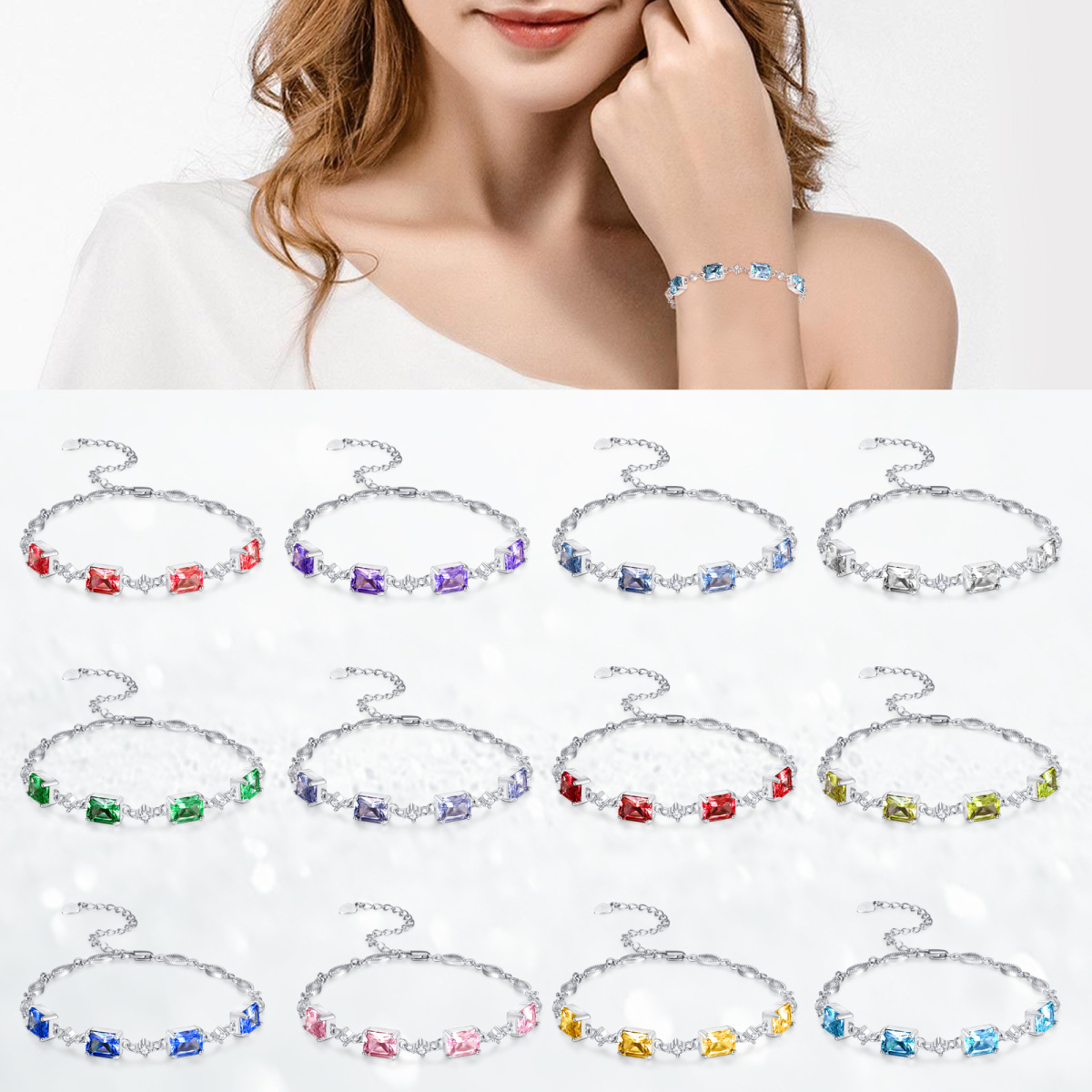 Sterling Zilveren Prinses-vierkant Vorm Kristal Gepersonaliseerde Geboortesteen Kraal Station Ketting Armband-6