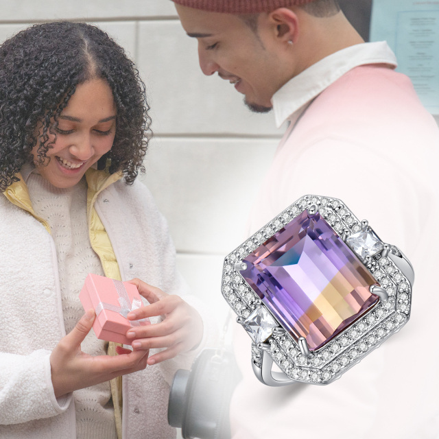 Anillo abierto con piedra natal personalizada y circonita cúbica de cristal en forma de princesa cuadrada de plata de ley-3