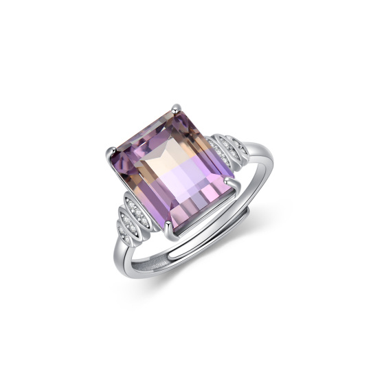 Sterling Silver Princess-square Shaped Crystal & Cubic Zirconia Personalized Birthstone Open Ring