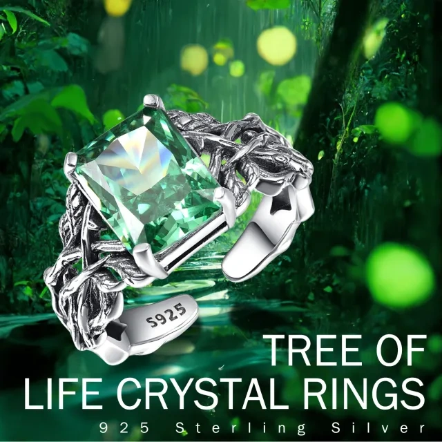 Sterling Silver Princess-square Shaped Crystal Tree Of Life Open Ring-4