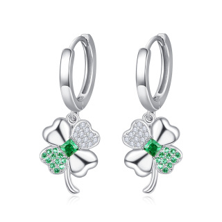 Sterling Silver Princess-square Shaped Cubic Zirconia Four Leaf Clover & Bow Lever-back Earrings-2