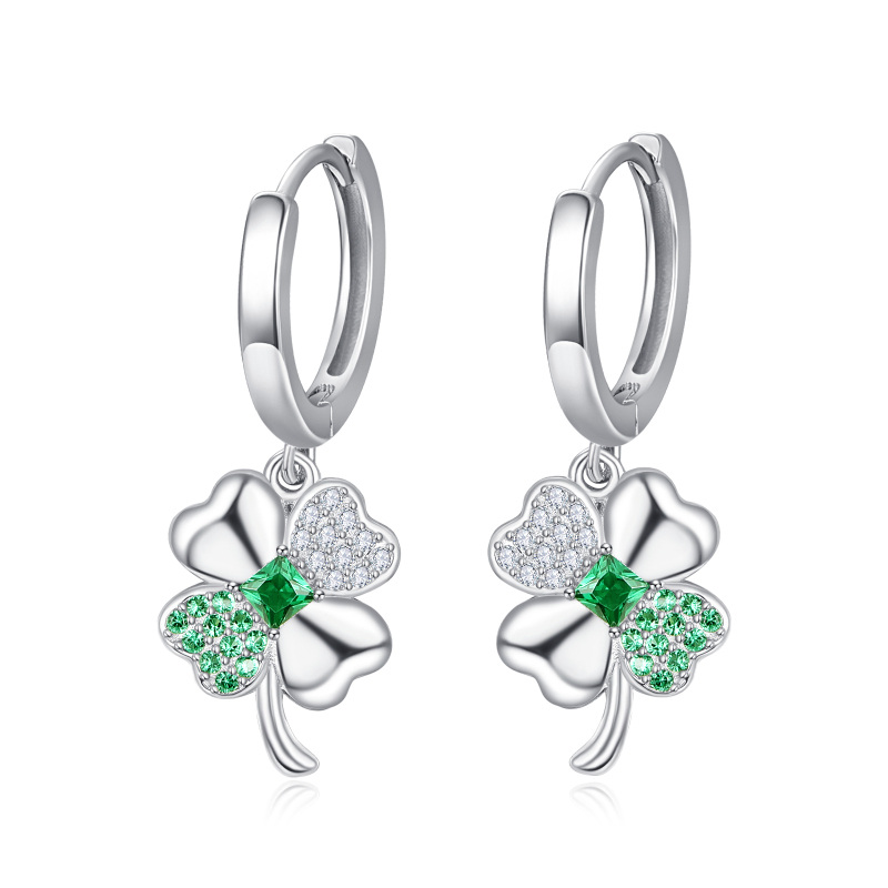 Sterling Silver Princess-square Shaped Cubic Zirconia Four Leaf Clover & Bow Lever-back Earrings-2