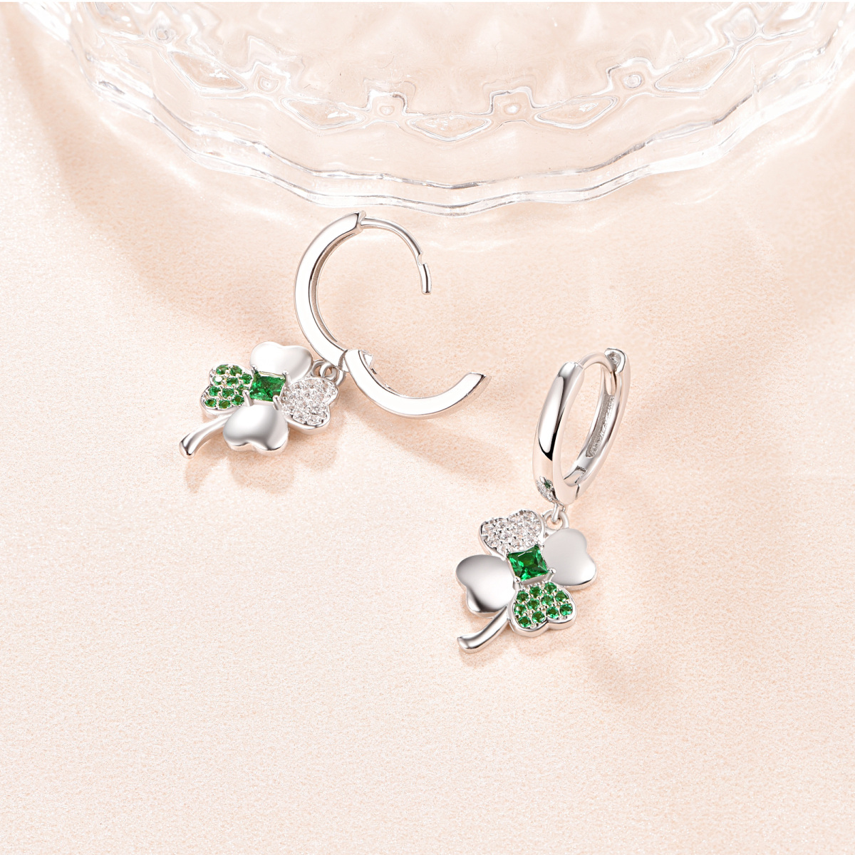 Sterling Silver Princess-square Shaped Cubic Zirconia Four Leaf Clover & Bow Lever-back Earrings-5