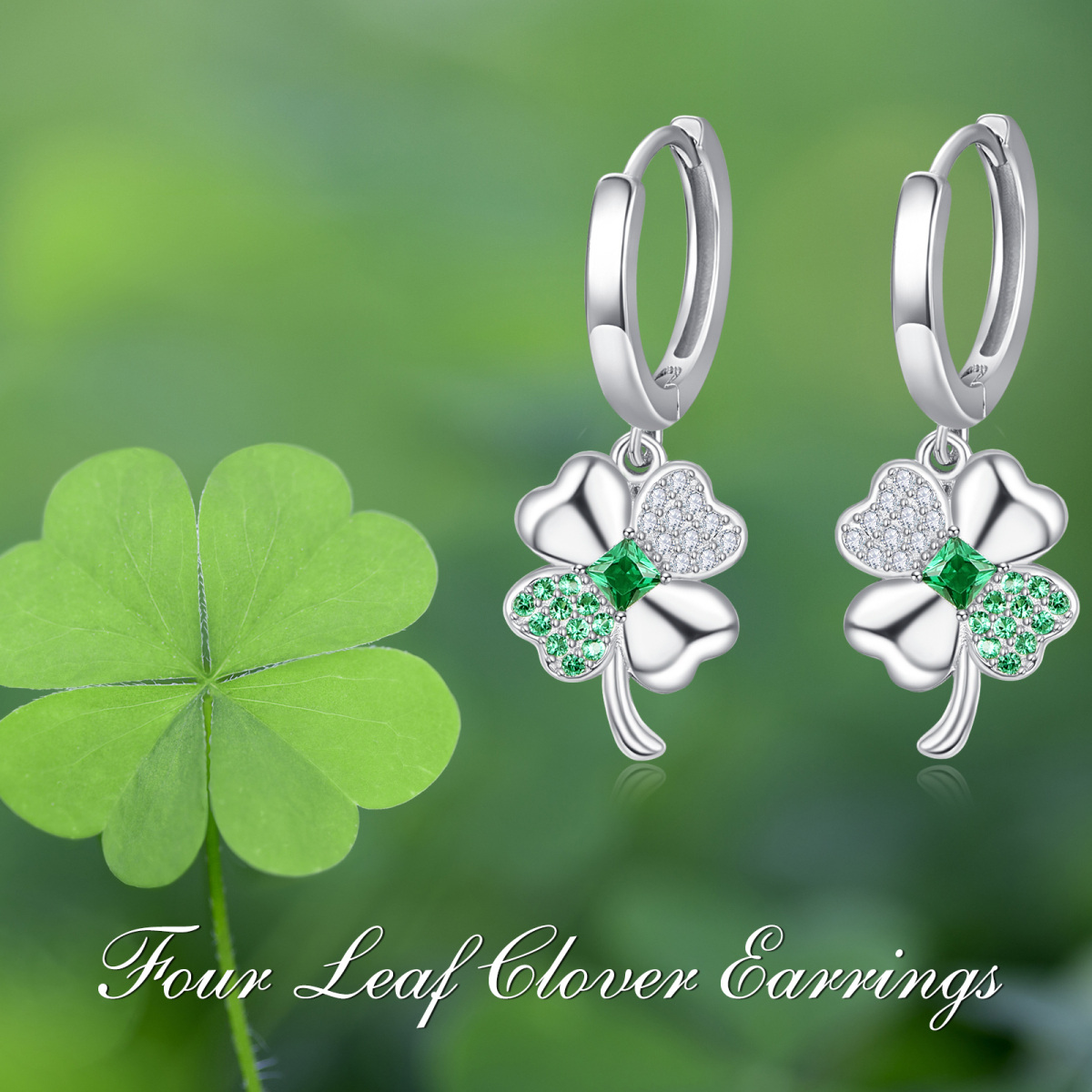 Sterling Silver Princess-square Shaped Cubic Zirconia Four Leaf Clover & Bow Lever-back Earrings-6