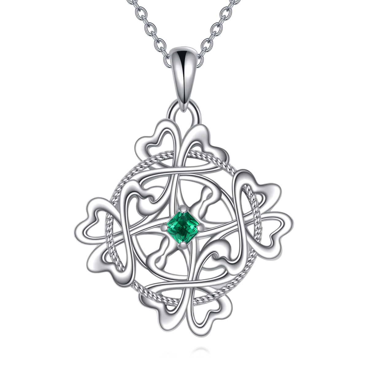 Sterling Silver Princess-square Shaped Cubic Zirconia Four Leaf Clover & Celtic Knot Pendant Necklace-1