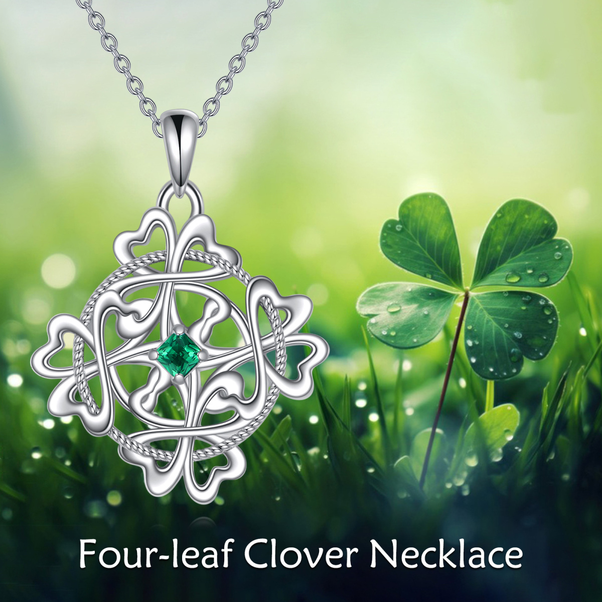 Sterling Silver Princess-square Shaped Cubic Zirconia Four Leaf Clover & Celtic Knot Pendant Necklace-3