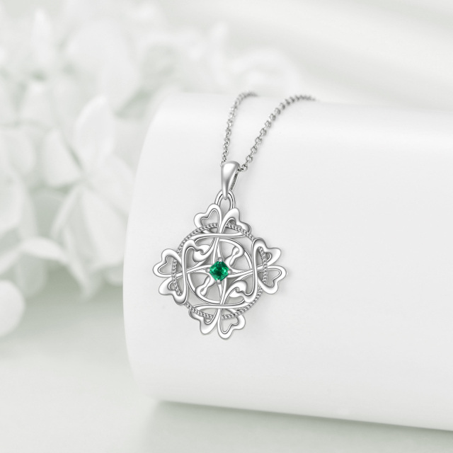 Sterling Silver Princess-square Shaped Cubic Zirconia Four Leaf Clover & Celtic Knot Pendant Necklace-5