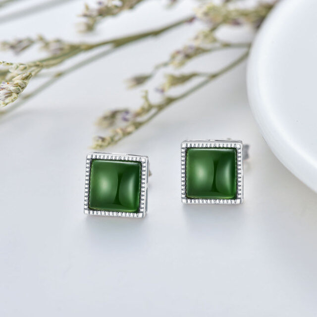 Sterling Silver Princess-square Shaped Jade Square Stud Earrings-3