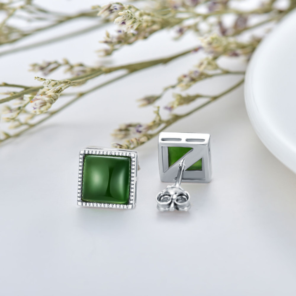 Brincos quadrados de jade em formato de princesa em prata esterlina-4