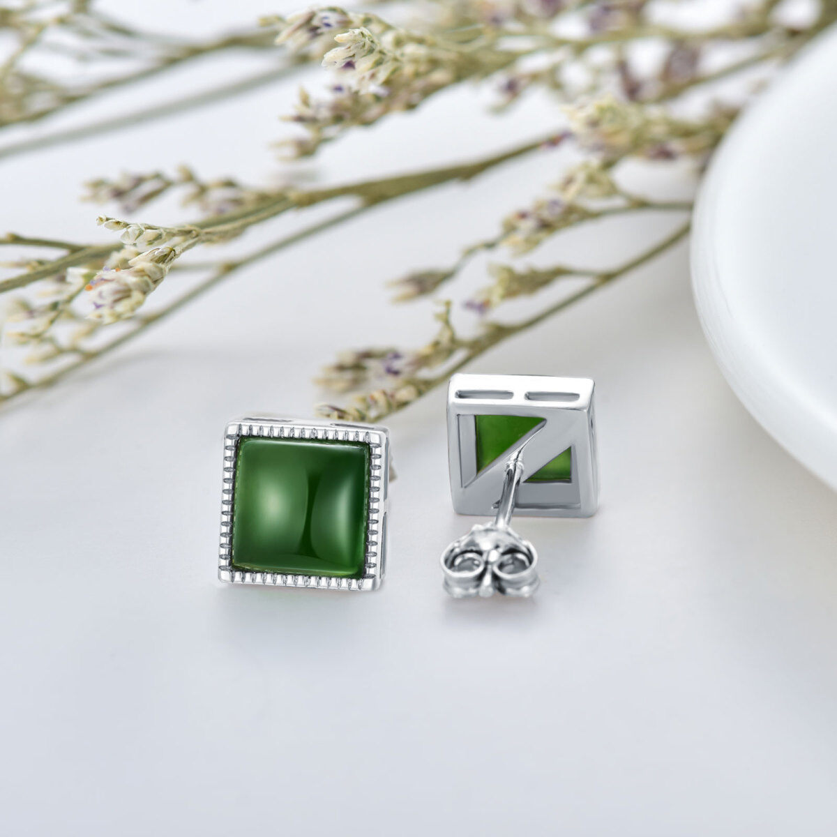 Sterling Silver Princess-square Shaped Jade Square Stud Earrings-4