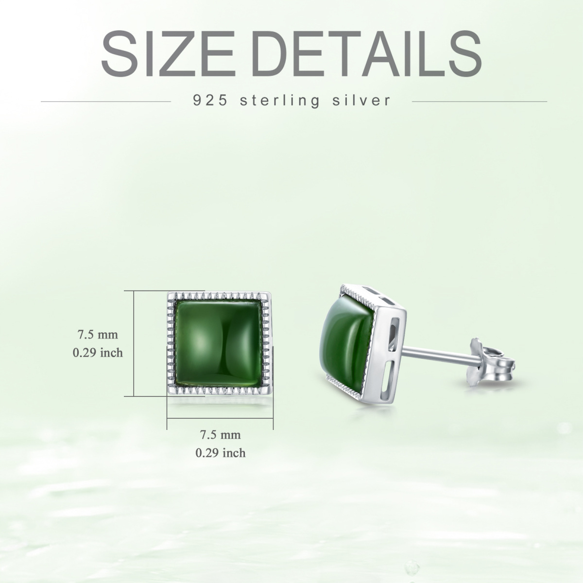 Sterling Silver Princess-square Shaped Jade Square Stud Earrings-5