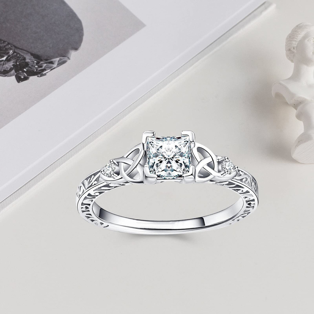 Sterling Silver Princess-square Shaped Moissanite Celtic Knot & Square Wedding Ring-3