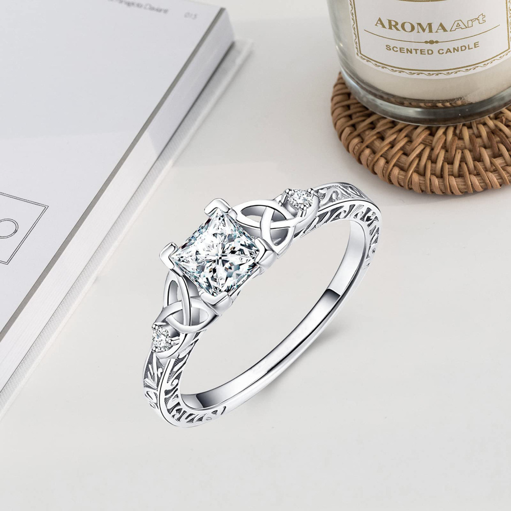 Sterling Silver Princess-square Shaped Moissanite Celtic Knot & Square Wedding Ring-4