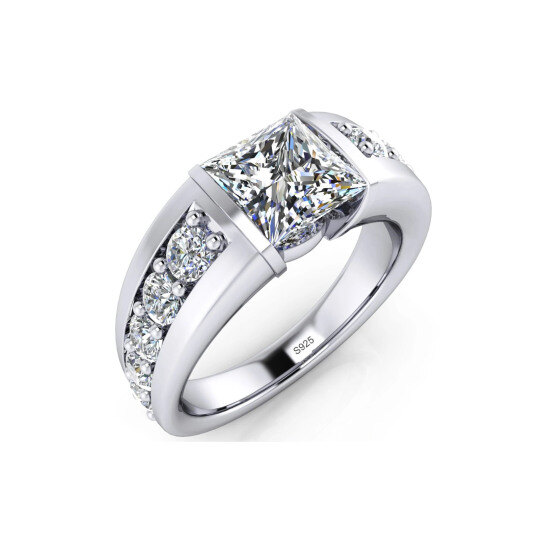 Sterling Silver Princess-square Shaped Moissanite Engagement Ring for Men-1