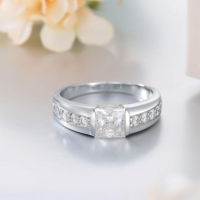 Anillo de compromiso de moissanita en forma de princesa cuadrada en plata esterlina para hombres-5