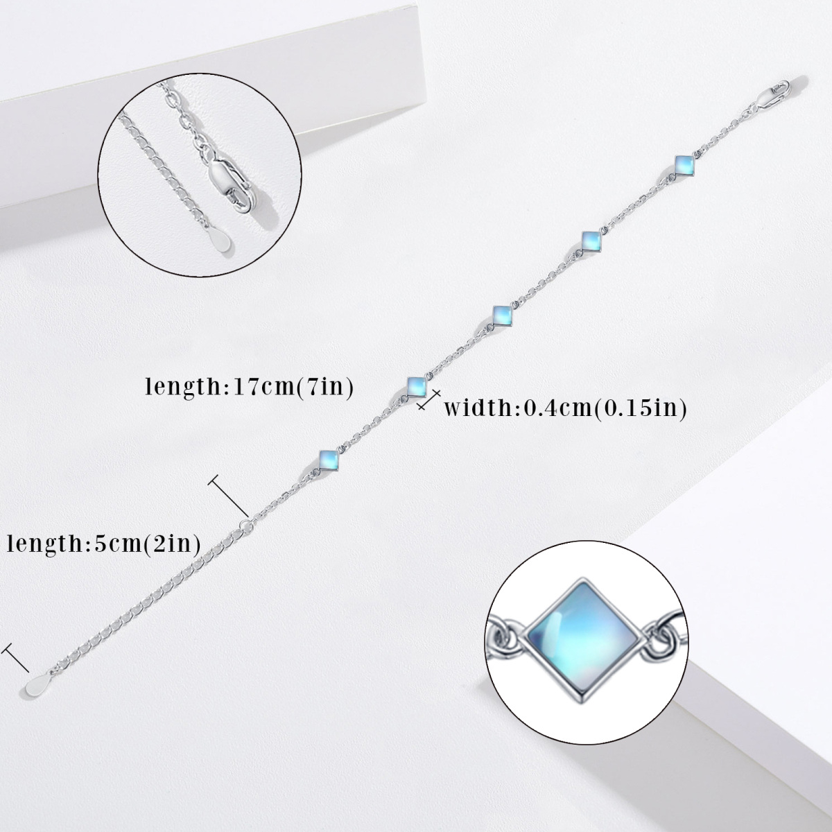 Sterling Silver Princess-square Shaped Moonstone Square Bead Station Chain Bracelet-4