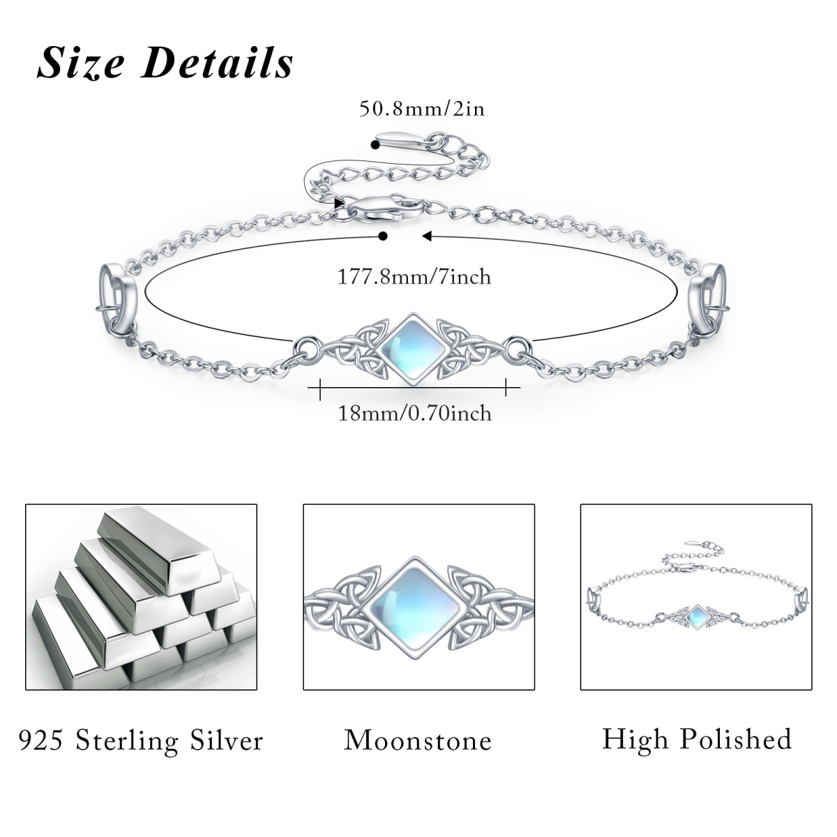 Sterling Silver Princess-square Shaped Moonstone Celtic Knot Pendant Bracelet-4