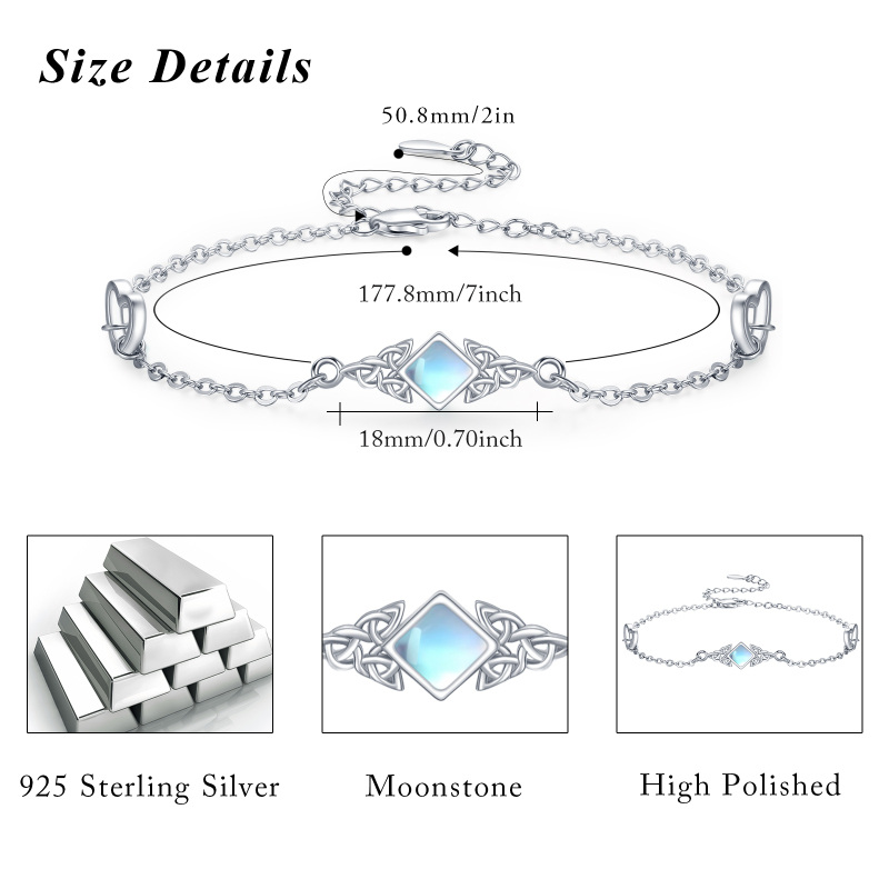 Sterling Silver Princess-square Shaped Moonstone Celtic Knot Charm Bracelet-4