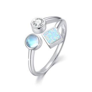 Sterling Silver Princess-square Shaped Moonstone & Opal Square Open Ring-4