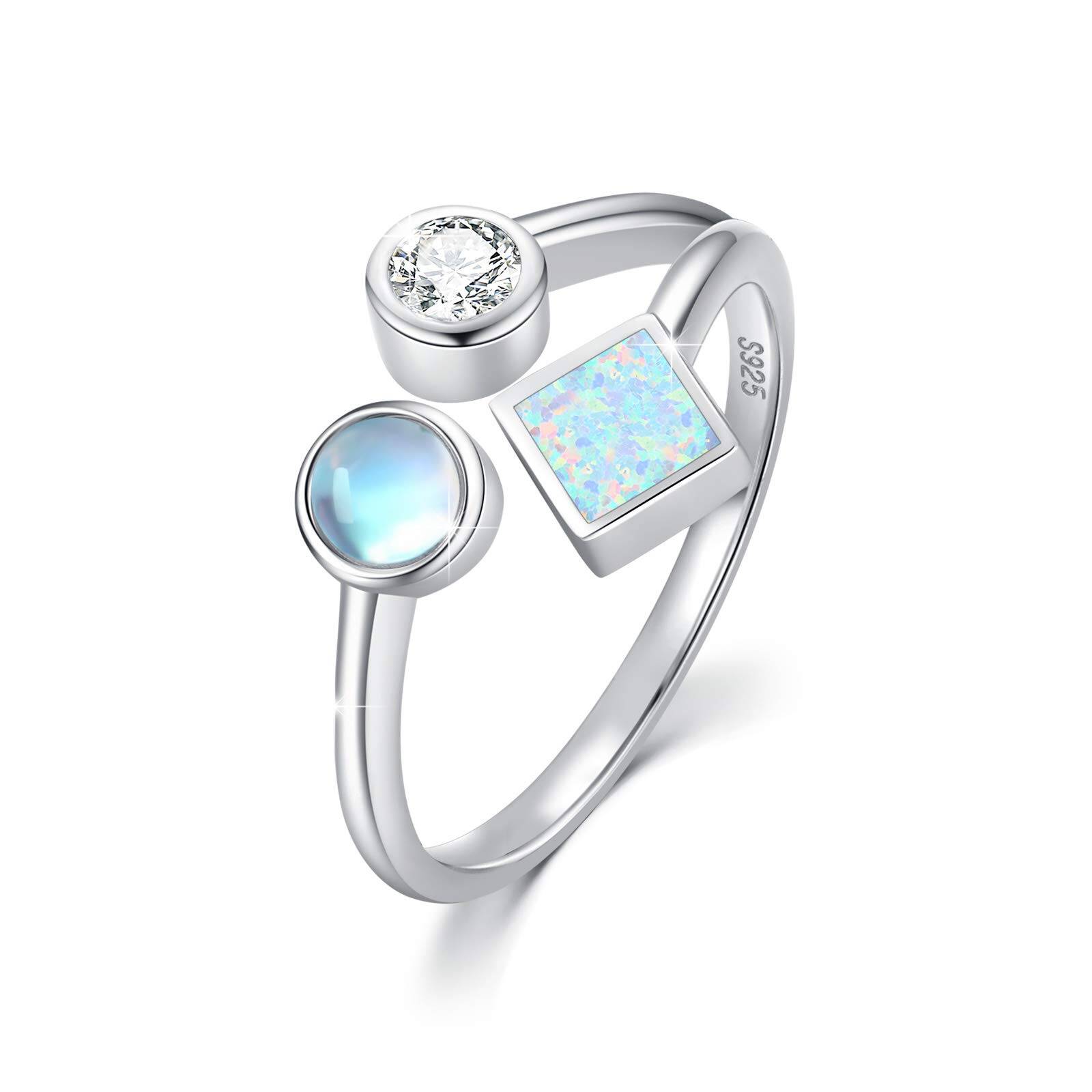 Sterling Silver Princess-square Shaped Moonstone & Opal Square Open Ring