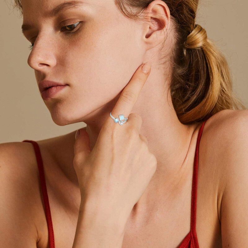 Sterling Silver Princess-square Shaped Moonstone & Opal Square Open Ring-3