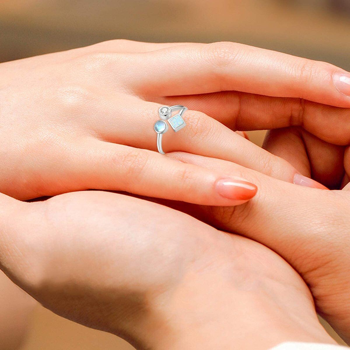 Anello aperto in argento sterling con pietra di luna e opale a forma di principessa quadrata-4