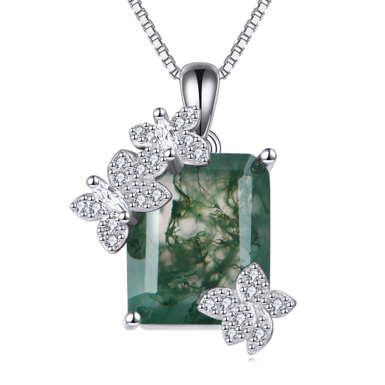 Sterling Silver Princess-square Shaped Cubic Zirconia & Moss Agate Butterfly Pendant Necklace