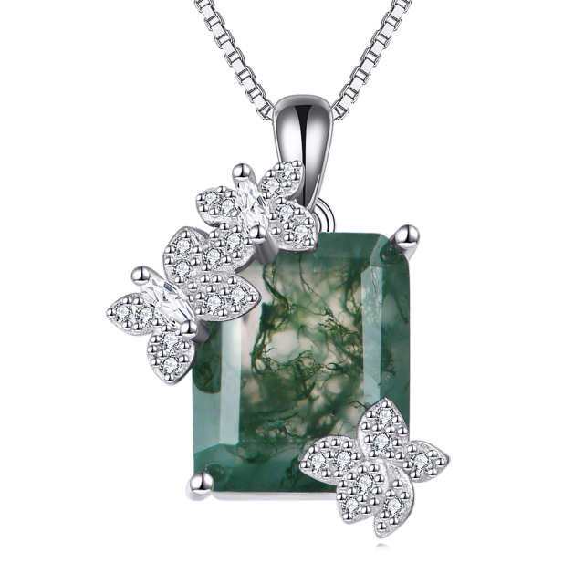 Sterling Silver Princess-square Shaped Cubic Zirconia & Moss Agate Butterfly Pendant Necklace-1