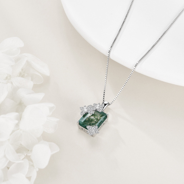 Sterling Silver Princess-square Shaped Cubic Zirconia & Moss Agate Butterfly Pendant Necklace-3