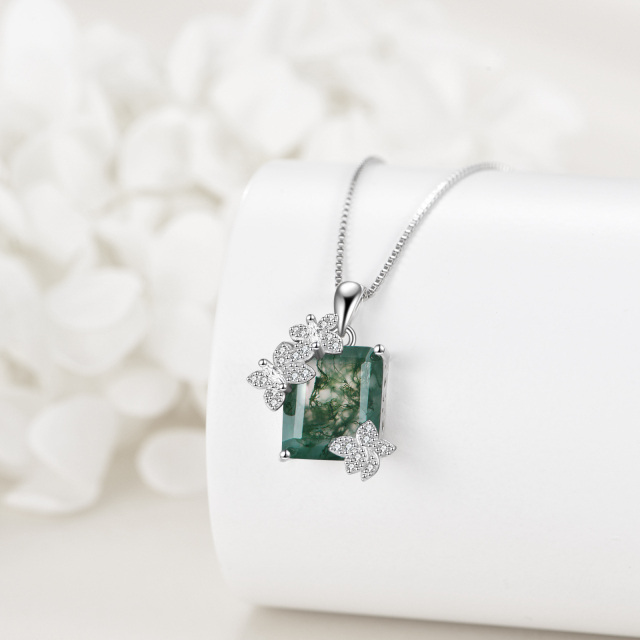 Sterling Silver Princess-square Shaped Cubic Zirconia & Moss Agate Butterfly Pendant Necklace-4