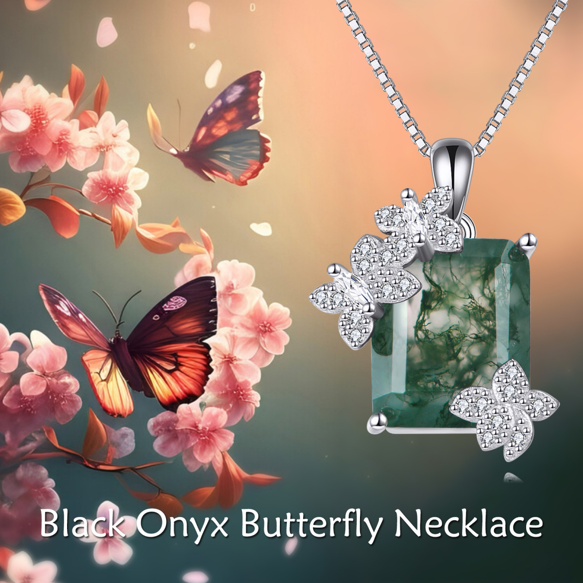 Sterling Silver Princess-square Shaped Cubic Zirconia & Moss Agate Butterfly Pendant Necklace-6