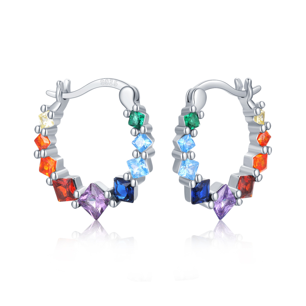 Sterling Silver Princess-square Shaped Cubic Zirconia Rainbow & Round Hoop Earrings-1