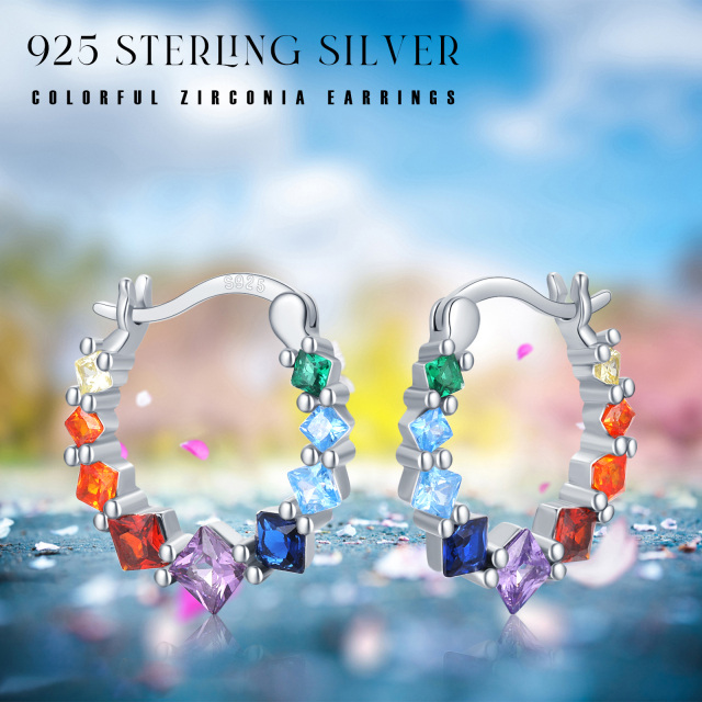 Sterling Silver Princess-square Shaped Cubic Zirconia Rainbow & Round Hoop Earrings-5