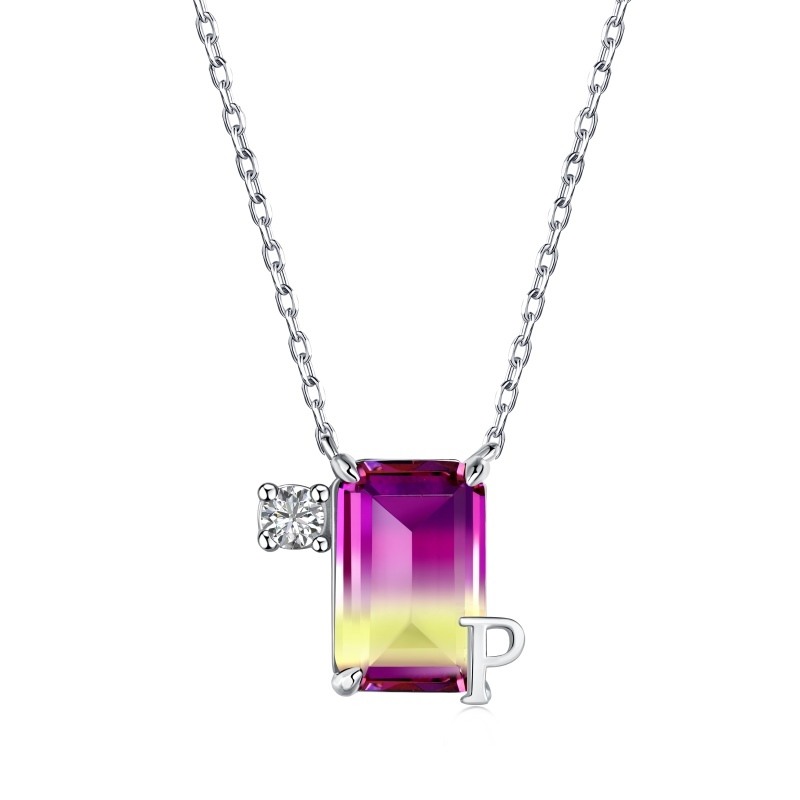 Sterling Silver Princess-square Shaped Stone Square Pendant Necklace with Initial Letter P-1