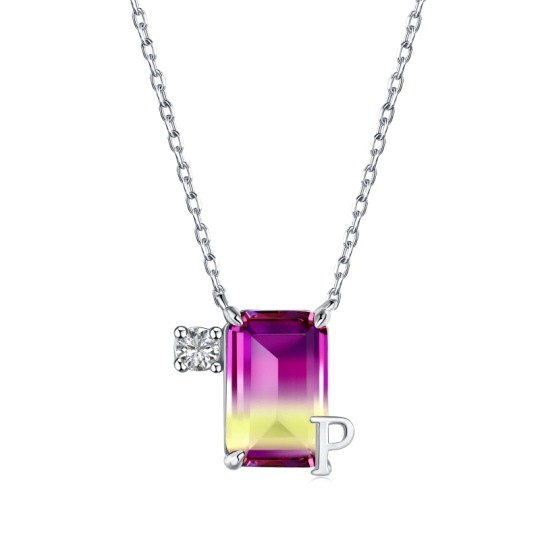 Sterling Silver Princess-square Shaped Stone Square Pendant Necklace with Initial Letter P