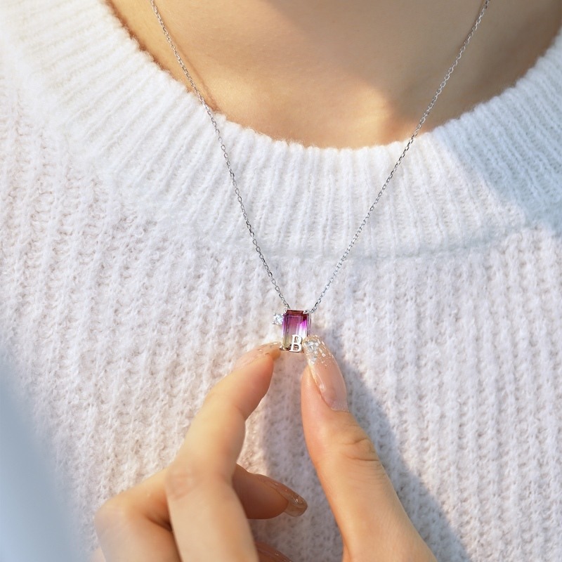 Sterling Silver Princess-square Shaped Stone Square Pendant Necklace with Initial Letter B-4