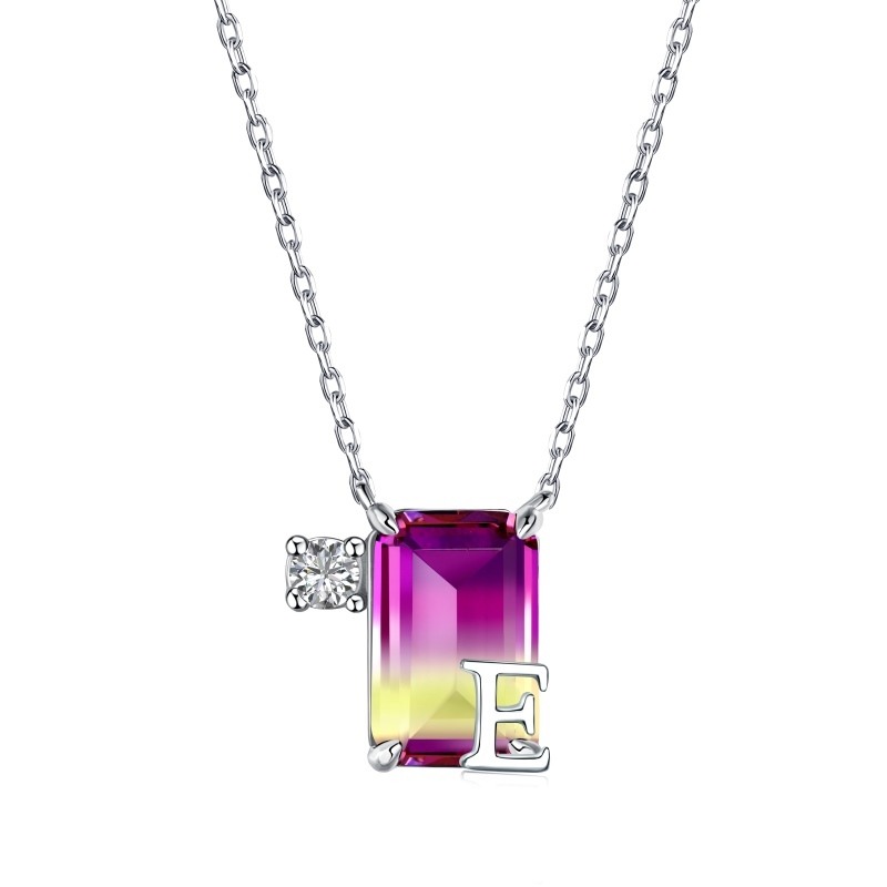 Sterling Silver Princess-square Shaped Stone Square Pendant Necklace with Initial Letter E-1