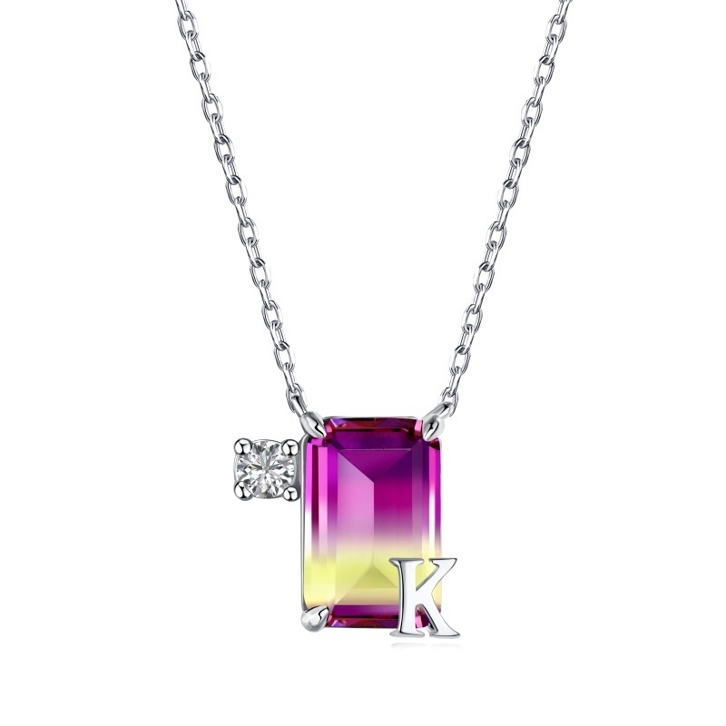 Sterling Silver Princess-square Shaped Stone Square Pendant Necklace with Initial Letter K-1