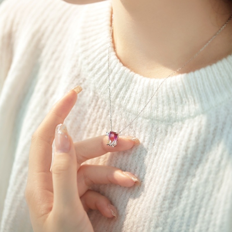 Sterling Silver Princess-square Shaped Stone Square Pendant Necklace with Initial Letter M-6