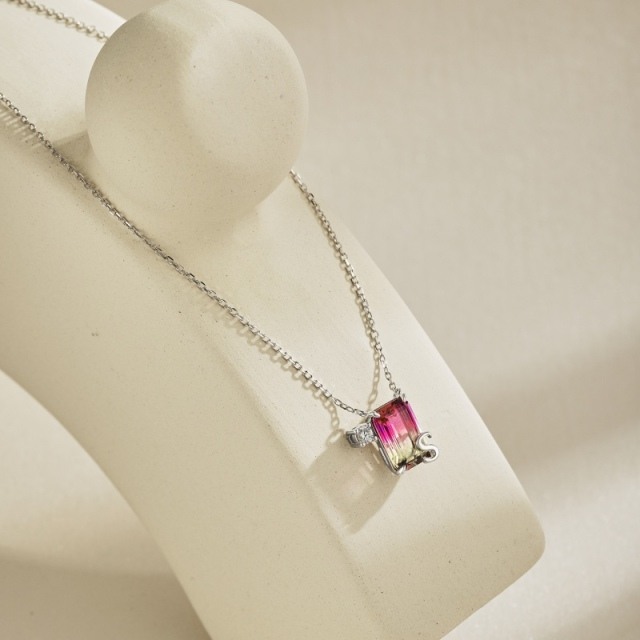 Sterling Silver Princess-square Shaped Stone Square Pendant Necklace with Initial Letter S-2