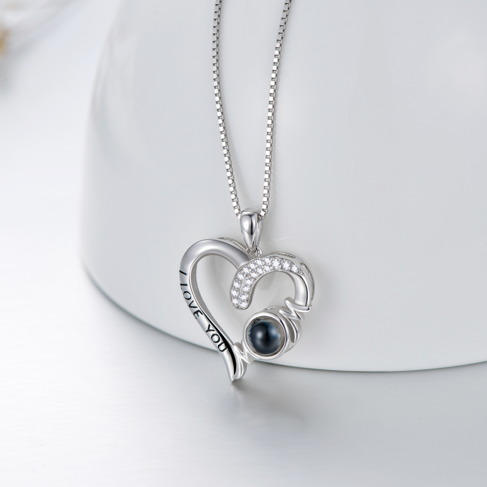 Sterling Silver Circular Shaped Projection Stone Mother & Heart Pendant Necklace with Engraved Word-3