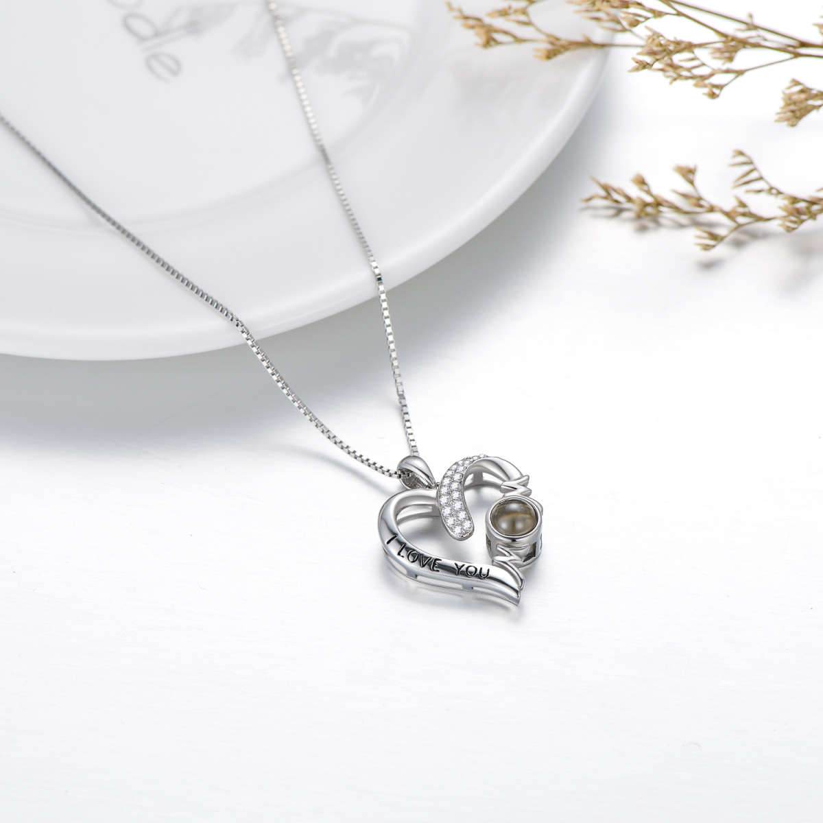 Sterling Silver Projection Stone Heart Personalized Pendant Necklace with Engraved Word-4