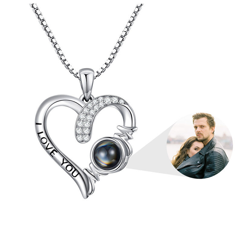 Sterling Silver Projection Stone Heart Personalized Pendant Necklace with Engraved Word-1