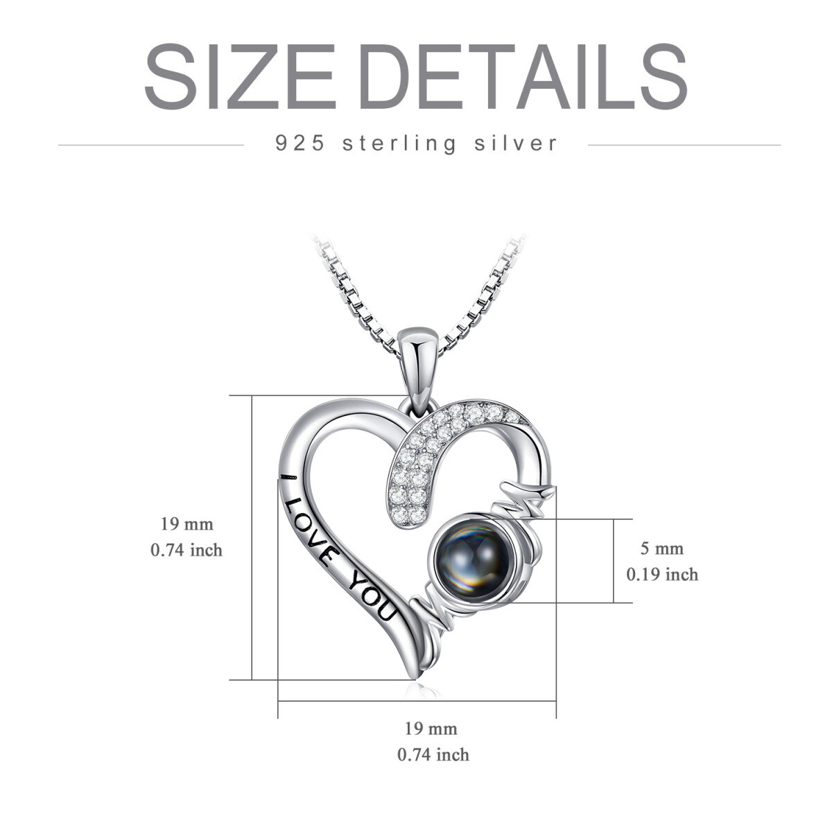 Sterling Silver Projection Stone Heart Personalized Pendant Necklace with Engraved Word-5