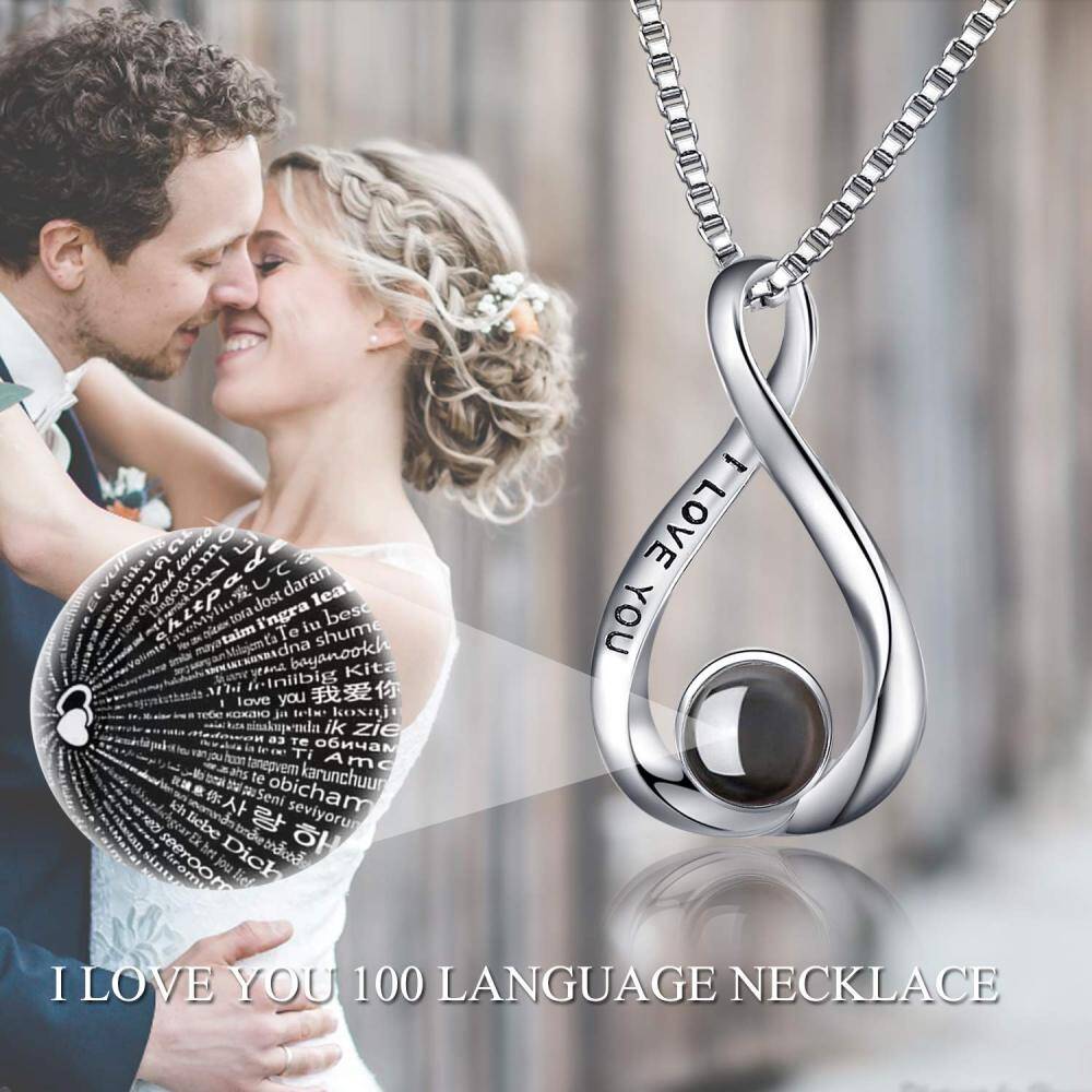 Sterling Silver Two-Tone Projection Stone Infinite Symbol Pendant Necklace With Engraved Word For Women-7