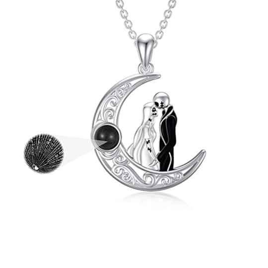 Sterling Silver Projection Stone Moon Pendant Necklace