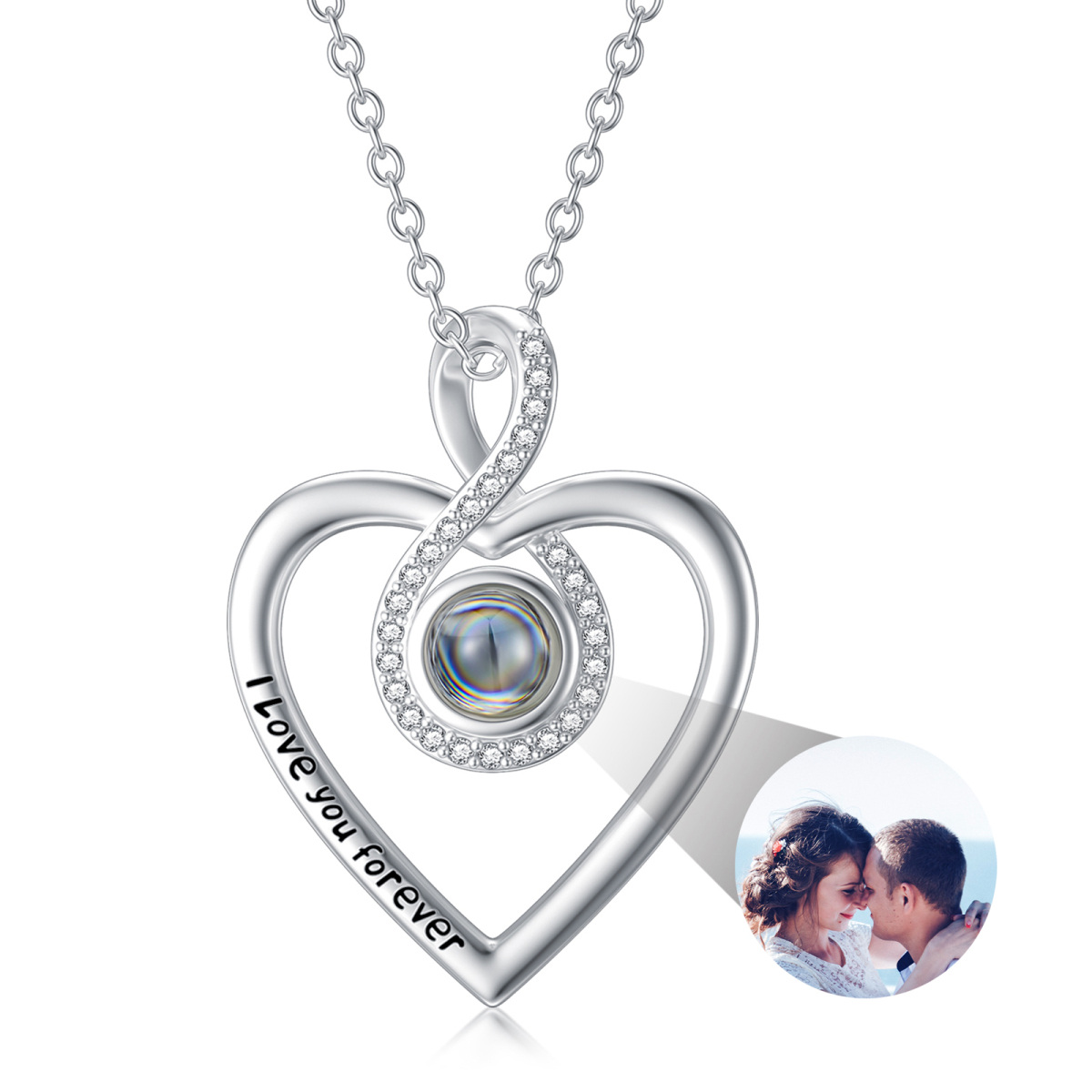 Collana con ciondolo con simbolo dell'infinito, foto personalizzata in argento sterling con pietra di proiezione a forma di cuore con parola incisa per le donne-1