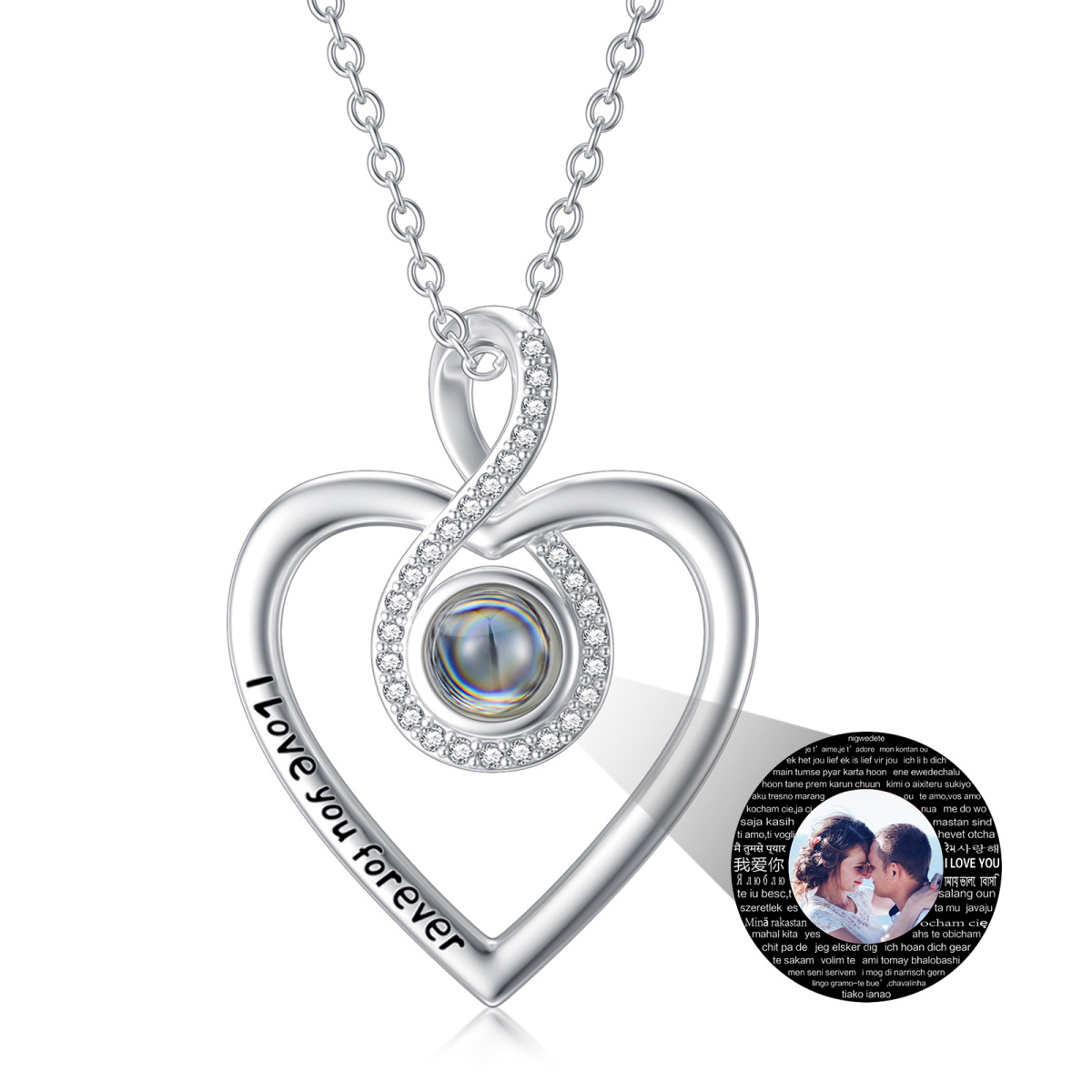 Colar com pingente de símbolo do infinito, pedra de prata esterlina com projeção de coração, foto personalizada com palavra gravada para mulheres-1