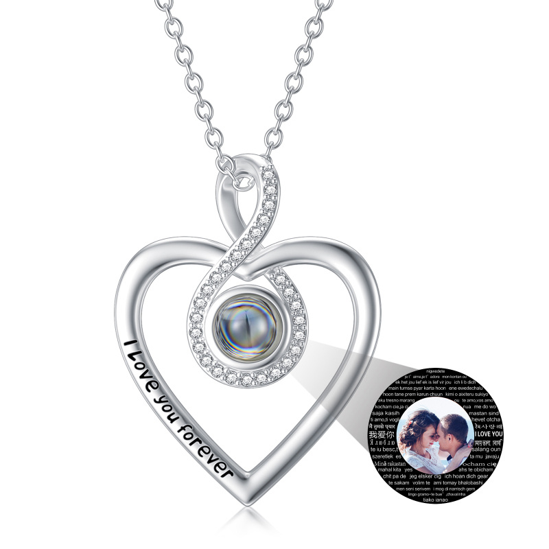 Collana con ciondolo con simbolo dell'infinito, foto personalizzata in argento sterling con pietra di proiezione a forma di cuore con parola incisa per le donne-1